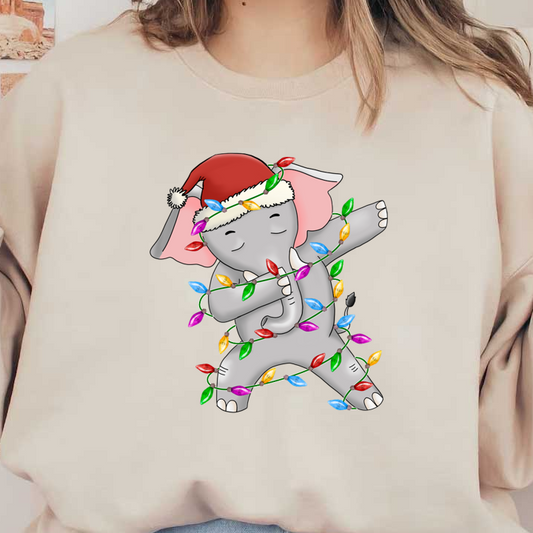 A festive cartoon elephant wearing a Santa hat, playfully wrapped in colorful Christmas lights. heat press transfers