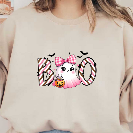 A cute Halloween design featuring a smiling ghost with a pink bow, holding a pumpkin bucket and the word "BOO." heat press transfers