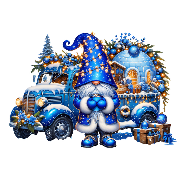 A whimsical winter scene featuring a blue truck adorned with Christmas decorations and a gnome holding festive ornaments.DTF Transfers heat press transfers