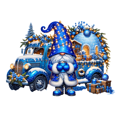 A whimsical winter scene featuring a blue truck adorned with Christmas decorations and a gnome holding festive ornaments.DTF Transfers heat press transfers