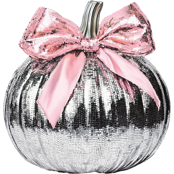 This stylish pumpkin features a shiny silver exterior adorned with a pink bow, perfect for a chic autumn decor.