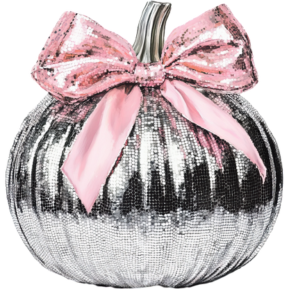 This stylish pumpkin features a shiny silver exterior adorned with a pink bow, perfect for a chic autumn decor.