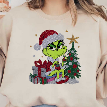 The Grinch, dressed in a festive Santa outfit, mischievously holds an ornament beside a decorated Christmas tree and gifts.DTF Transfers