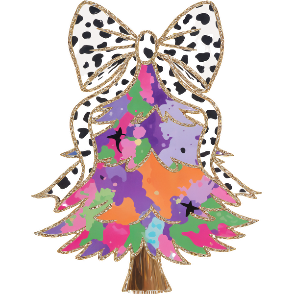 A colorful, abstract Christmas tree design adorned with a stylish black and white polka dot bow on top.DTF Transfers heat press transfers heat press transfers