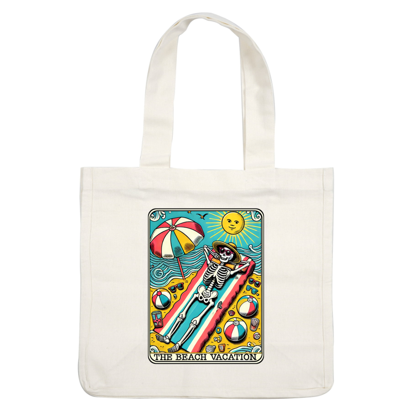 A playful illustration of a skeleton enjoying a sunny beach vacation, complete with sunglasses, a beach umbrella, and colorful beach balls.dtf regular iron