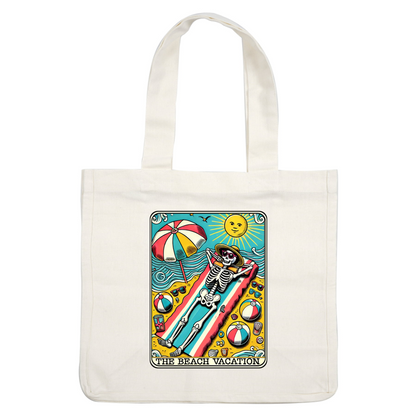 A playful illustration of a skeleton enjoying a sunny beach vacation, complete with sunglasses, a beach umbrella, and colorful beach balls.dtf regular iron