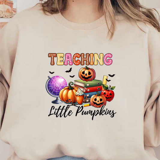 A vibrant and festive illustration featuring pumpkins, books, and a globe, all themed around teaching with a Halloween flair.dtf regular iron