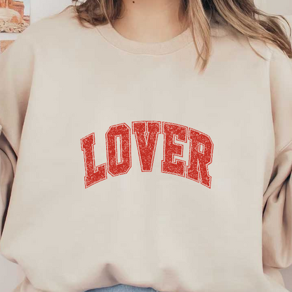 Bold red "LOVER" text in a retro style, perfect for expressing affection and adding a playful touch to any design!DTF Transfers