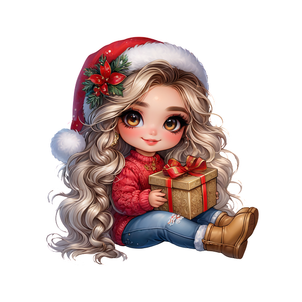 A cheerful girl with long, wavy hair and a Santa hat holds a beautifully wrapped gift, ready for the holidays.DTF Transfers heat press transfers