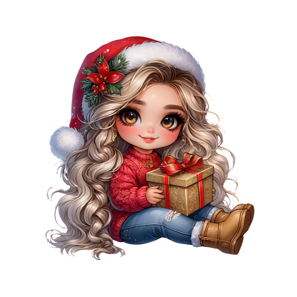 A cheerful girl with long, wavy hair and a Santa hat holds a beautifully wrapped gift, ready for the holidays.DTF Transfers heat press transfers