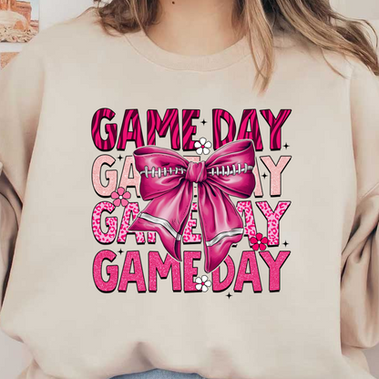 Bright and fun "Game Day" graphic featuring a pink bow and playful lettering, perfect for sports enthusiasts celebrating game day! dtf transfers