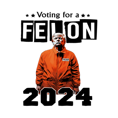 Una impactante ilustración de un hombre con una chaqueta naranja que muestra el nombre "TRUMP", que irradia confianza y desafío.