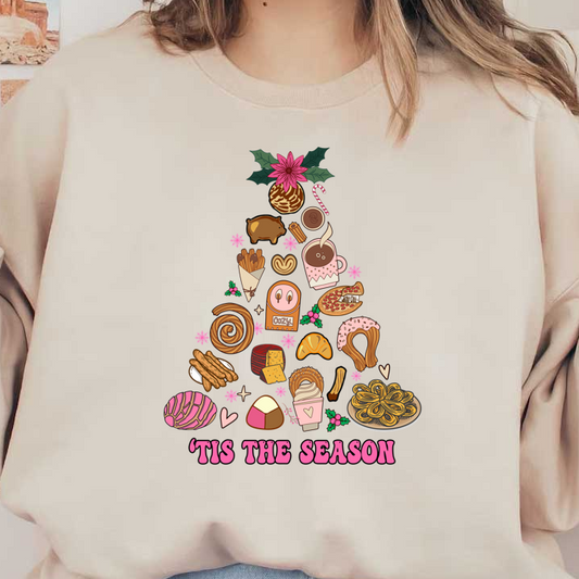 A festive illustration featuring a variety of delightful snacks and treats arranged in a Christmas tree shape, exuding a cozy holiday spirit.DTF Transfersdtf regular irondtf regular iron