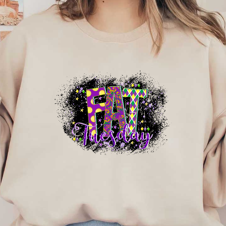 Celebrate Fat Tuesday with this vibrant and festive design, featuring colorful lettering and sparkly accents for a joyful touch!DTF Transfers