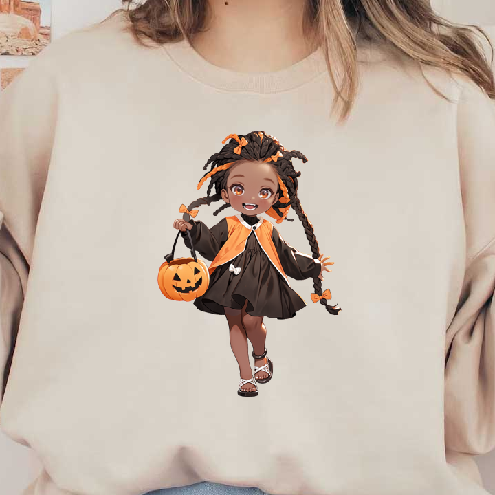 Un niño alegre con un lindo vestido de Halloween negro y naranja sostiene un balde de calabaza, listo para pedir dulces.