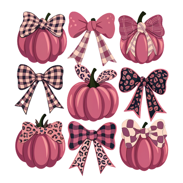 Una colección vibrante de calabazas rosas adornadas con elegantes lazos en varios patrones, perfectas para la decoración festiva.