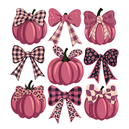 Una colección vibrante de calabazas rosas adornadas con elegantes lazos en varios patrones, perfectas para la decoración festiva.