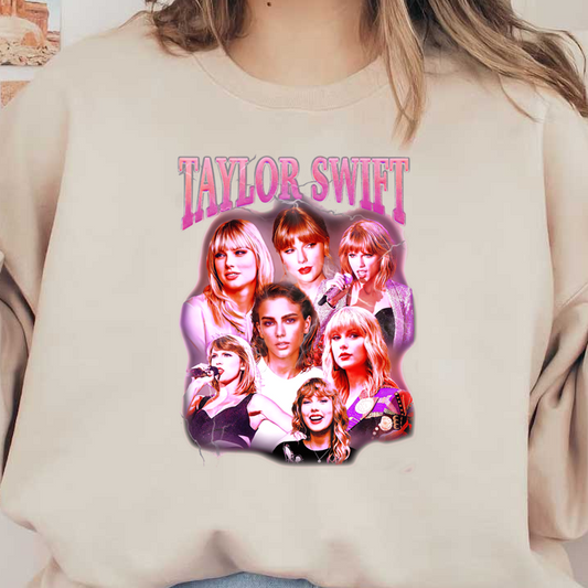 A vibrant collage featuring Taylor Swift with multiple photos showcasing her iconic looks and performances, highlighted by a bold title.DTF Transfers dtf prints