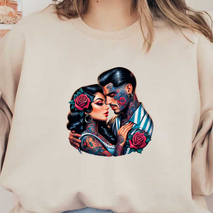 A beautifully detailed illustration of a tattooed couple, embracing with vibrant roses in their hair and on their clothing.DTF Transfers dtf prints