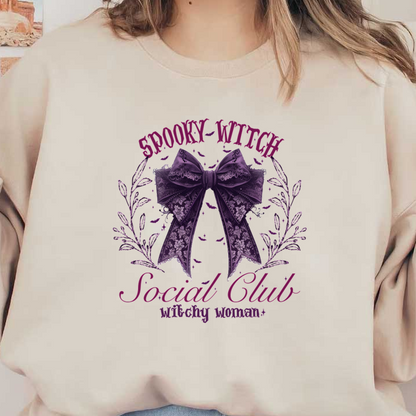 Join the Spooky Witch Social Club with this charming design featuring a purple bow and whimsical floral accents! heat press transfers