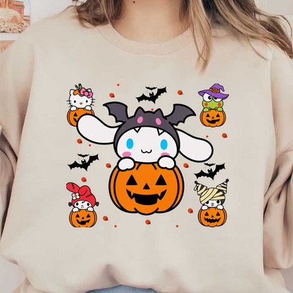 A cheerful Halloween scene featuring adorable characters with pumpkin decorations, showcasing playful costumes and festive elements.DTF Transfers dtf prints