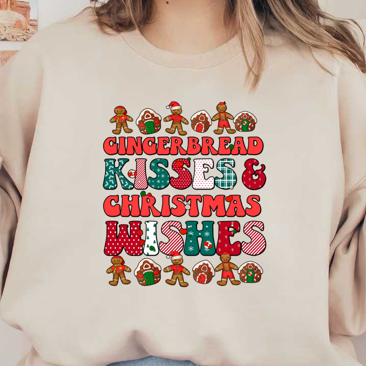 Diseño festivo con alegres figuras de pan de jengibre junto a letras llamativas que celebran "Besos de pan de jengibre y deseos navideños". ¡Perfecto para el espíritu navideño!