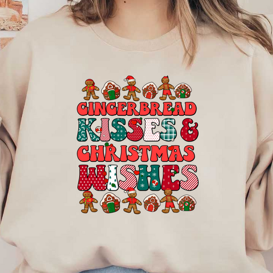 Festive design featuring cheerful gingerbread figures alongside bold letters celebrating "Gingerbread Kisses & Christmas Wishes." Perfect for holiday spirit! dtf transfers