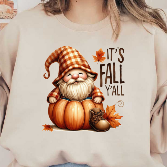 Adorable gnome sitting in a pumpkin, wearing a checkered hat, with autumn leaves and the cheerful text "It's Fall Y'all." dtf transfers