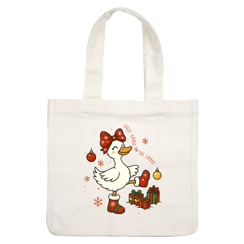 Festive cartoon duck, wearing a bow and boots, surrounded by holiday decorations.DTF Transfers