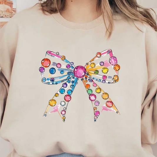 A vibrant, gem-studded bow featuring an array of colorful stones that adds a playful touch to any outfit. dtf transfers