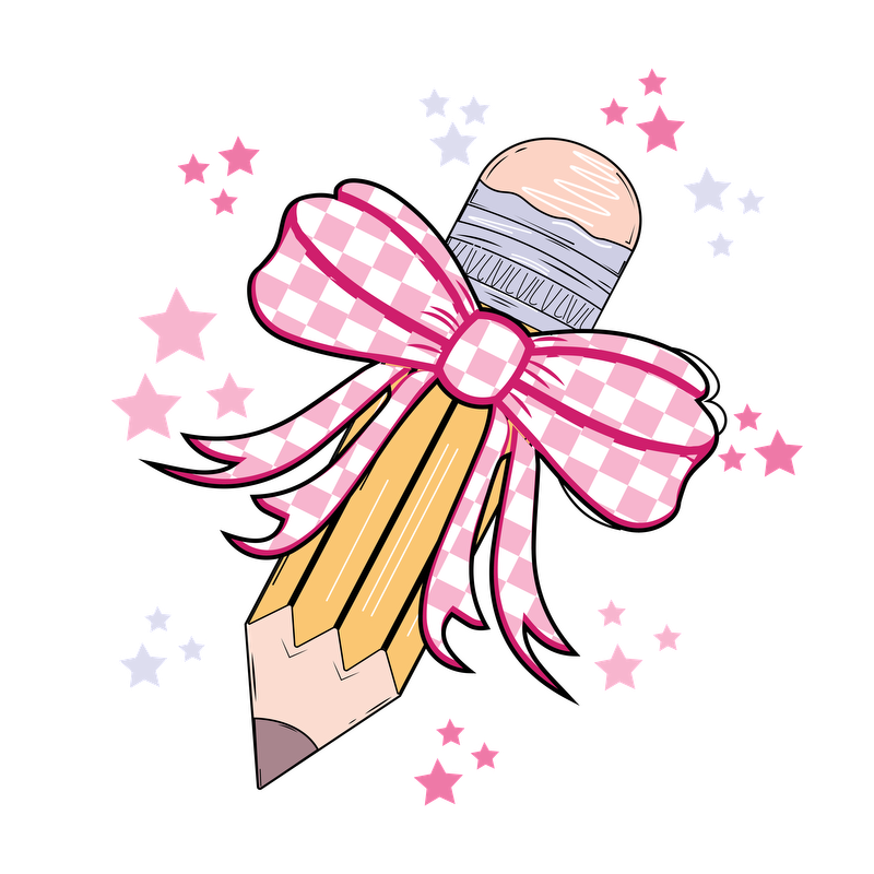 A whimsical pencil adorned with a pink gingham bow and surrounded by colorful stars, perfect for creative inspiration!DTF Transfers