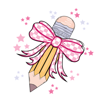 A whimsical pencil adorned with a pink gingham bow and surrounded by colorful stars, perfect for creative inspiration!DTF Transfers