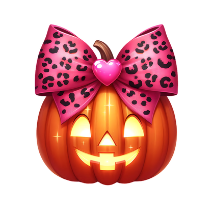 A cheerful Halloween pumpkin adorned with a bright pink leopard print bow and a heart, perfect for festive decor! heat press transfers