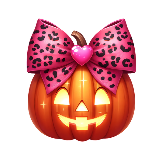 A cheerful Halloween pumpkin adorned with a bright pink leopard print bow and a heart, perfect for festive decor! heat press transfers