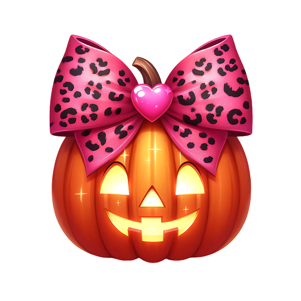 Una calabaza alegre e iluminada con un lazo con estampado de leopardo rosa vibrante y un corazón, ¡perfecta para un ambiente divertido de Halloween!