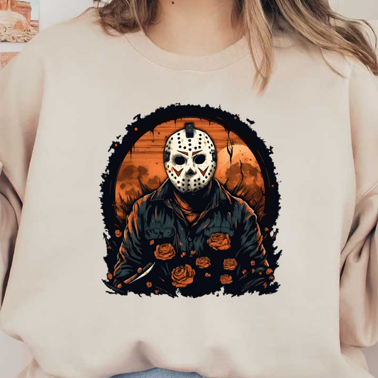 A striking illustration featuring a masked figure surrounded by roses, set against an eerie orange backdrop. heat press transfers