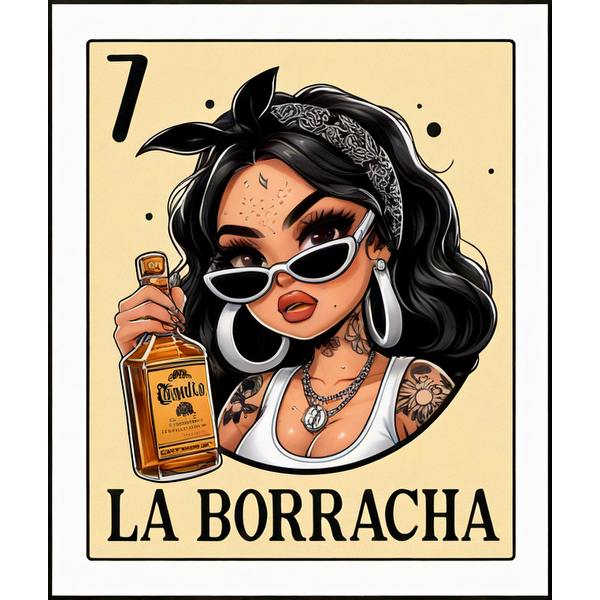 Una ilustración vibrante que muestra a una elegante mujer con gafas de sol y tatuajes, sosteniendo una botella de tequila etiquetada "La Borracha".