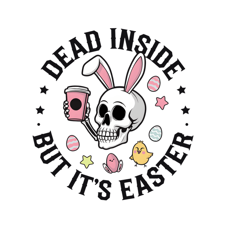A quirky Easter-themed design featuring a skull with bunny ears, holding a drink, surrounded by colorful eggs and stars.DTF Transfers