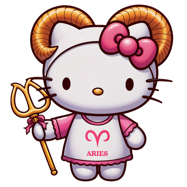 Cute Aries-themed Hello Kitty character featuring golden ram horns, a pink bow, and a trident, wearing a matching dress.DTF Transfers heat press transfers