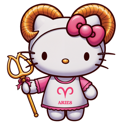 Cute Aries-themed Hello Kitty character featuring golden ram horns, a pink bow, and a trident, wearing a matching dress.DTF Transfers heat press transfers