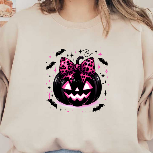 This playful Halloween pumpkin features a glossy black finish with a vibrant pink leopard print bow and a mischievous grin.