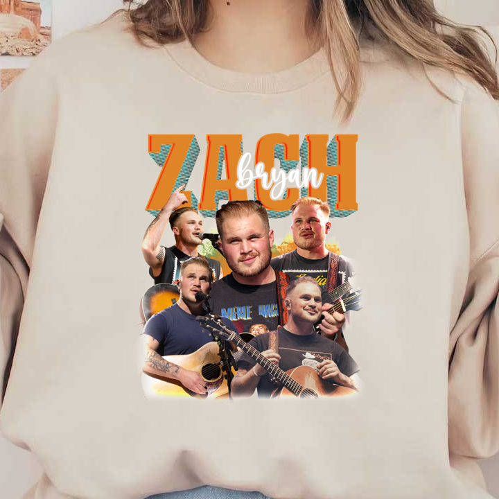 Un collage vibrante de Zach Bryan en una actuación que muestra su talento musical y su cautivadora presencia en el escenario. Transferencias DTF