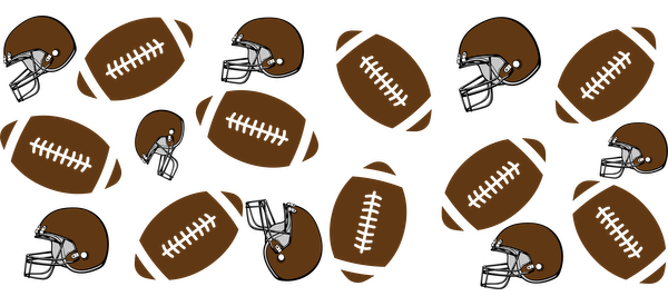 A playful pattern featuring brown footballs and helmets, perfect for sports-themed decorations or apparel.UV Transfersdtf regular iron