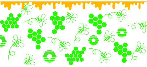 Un diseño vibrante y abstracto que presenta moléculas verdes y hexágonos sobre un fondo negro, rematado con un borde naranja divertido. Transferencias UV