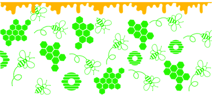 Un diseño vibrante y abstracto que presenta moléculas verdes y hexágonos sobre un fondo negro, rematado con un borde naranja divertido. Transferencias UV