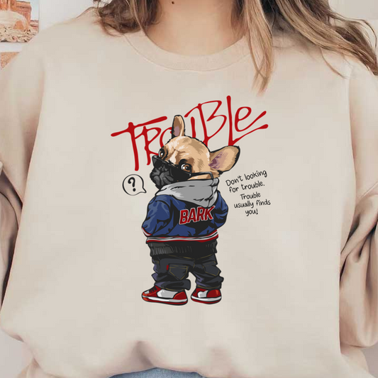 A stylish cartoon French Bulldog wears a blue varsity jacket with "BARK" on the back, exuding a playful, rebellious vibe. dtf transfers