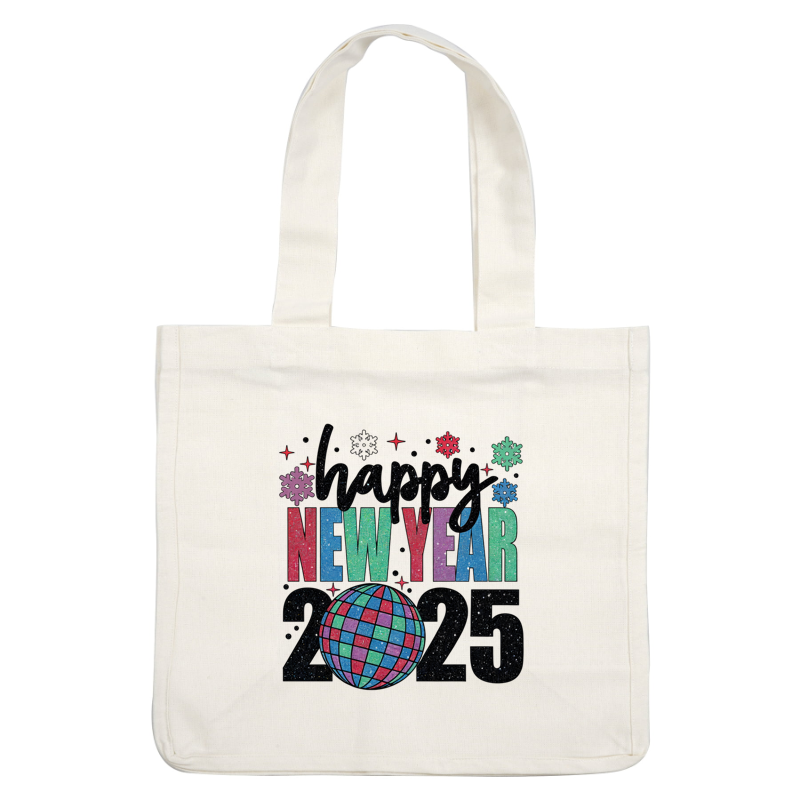 Celebrate the arrival of 2025 with this colorful "Happy New Year" design featuring a sparkling disco ball and festive snowflakes!DTF Transfers heat press transfers