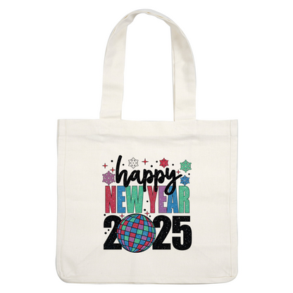 Celebrate the arrival of 2025 with this colorful "Happy New Year" design featuring a sparkling disco ball and festive snowflakes!DTF Transfers heat press transfers