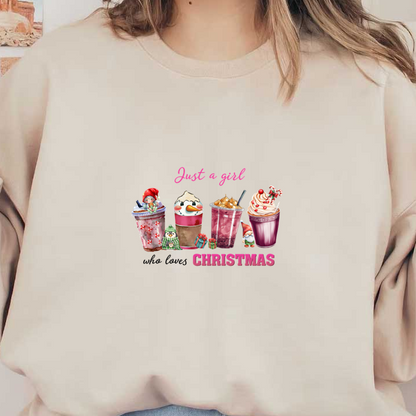 A festive design featuring colorful holiday drinks and gnomes, with the playful text "Just a girl CHRISTMAS."dtf regular iron