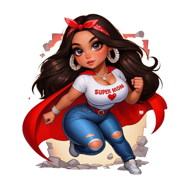 Una mamá superhéroe fuerte y elegante con una camiseta y jeans que dicen "SUPER MOM", una capa roja vibrante y un pañuelo.